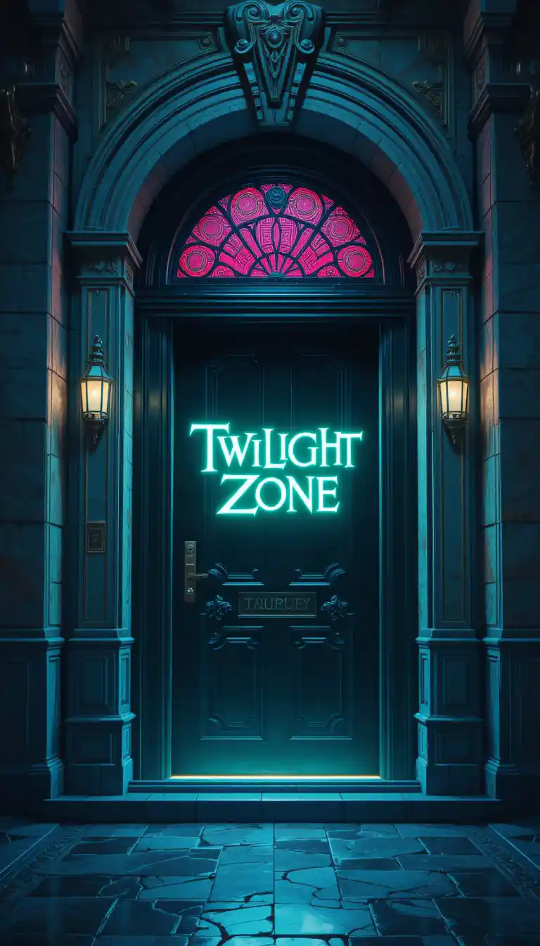 Surreal digital door in a mysterious twilight inspired space