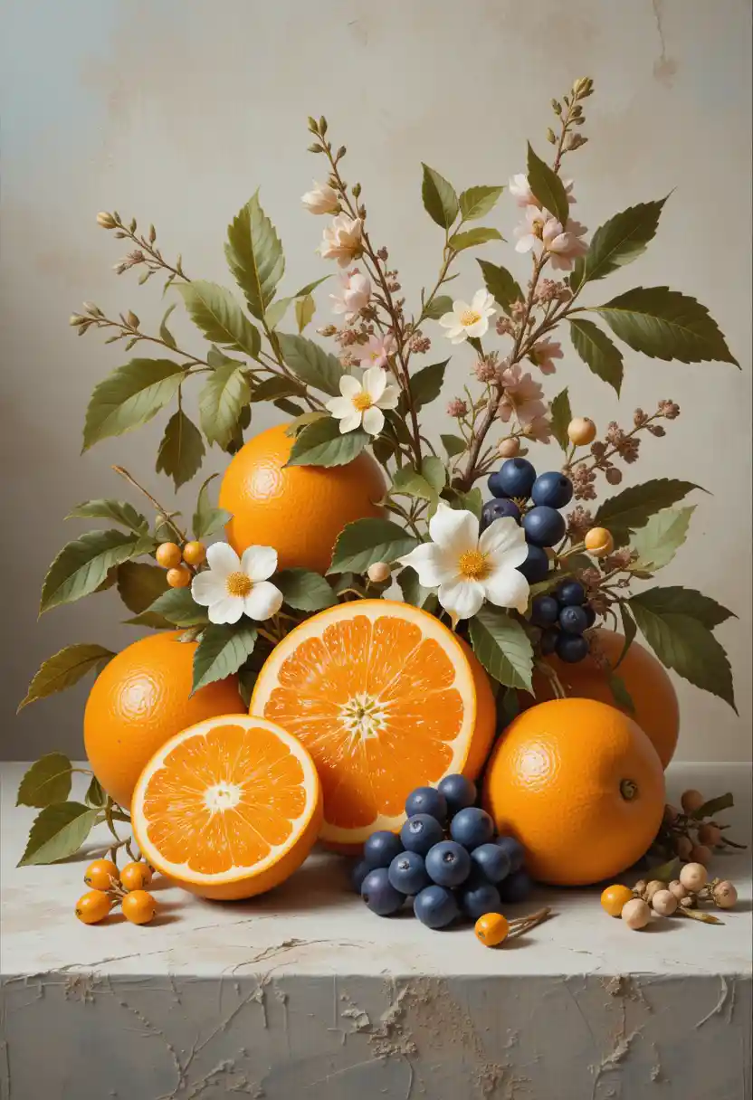 Still life of oranges flowers and berries on tabletop