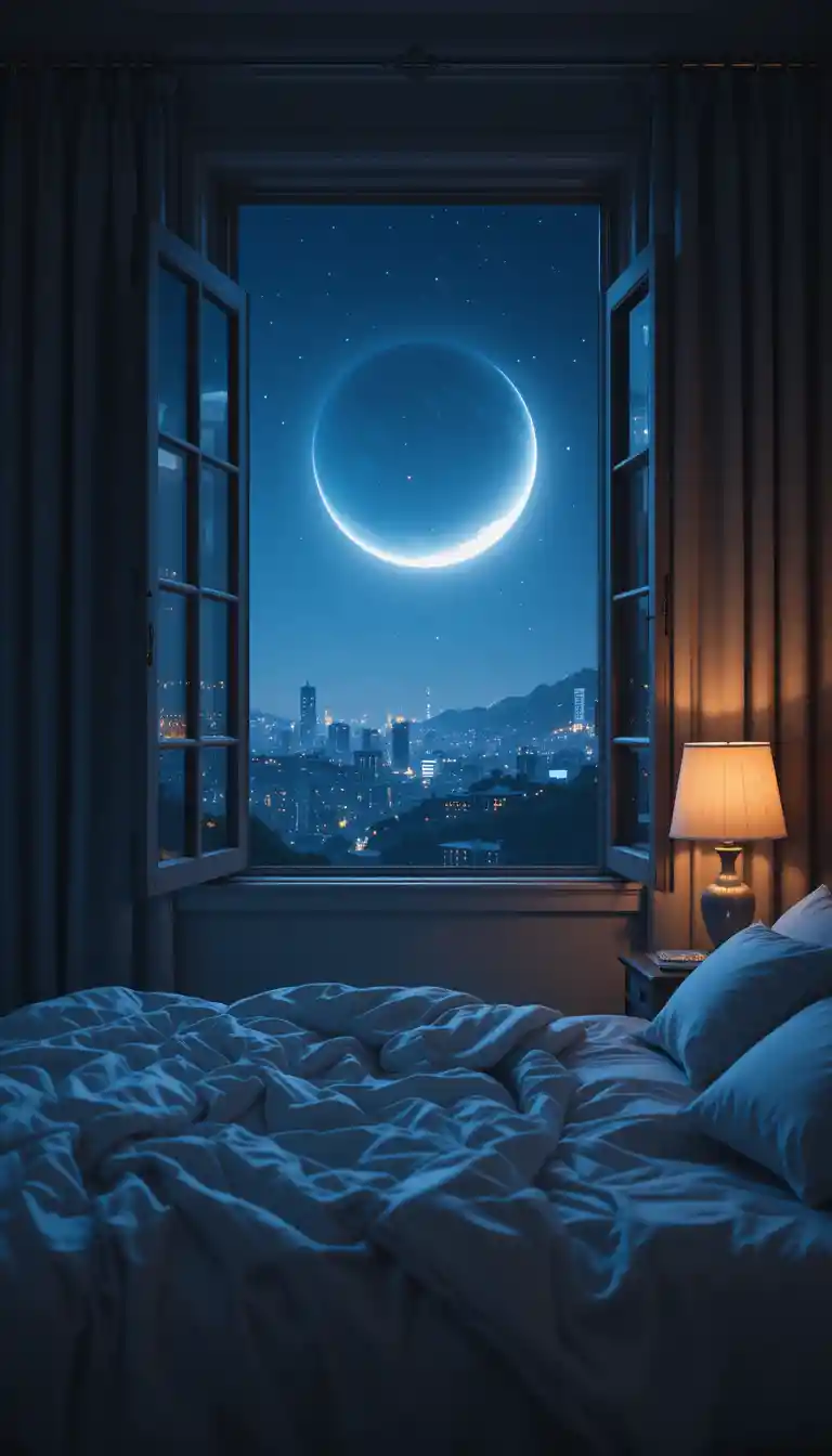 Friedliches Schlafzimmer in der Nacht mit Sichelmondlicht