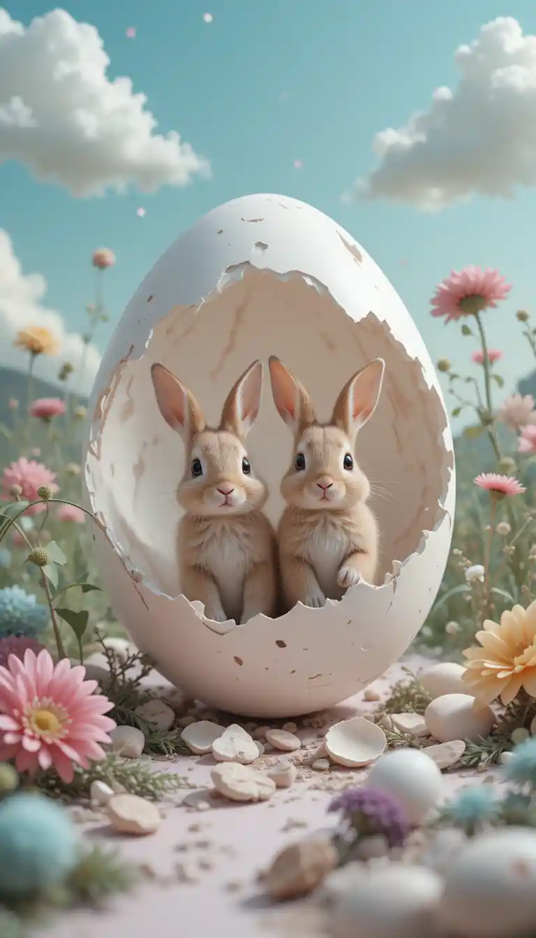 Two little rabbits stepping from a broken eggshell