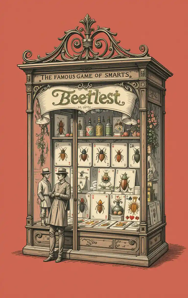 Vintage beetle board game box at an old corner store