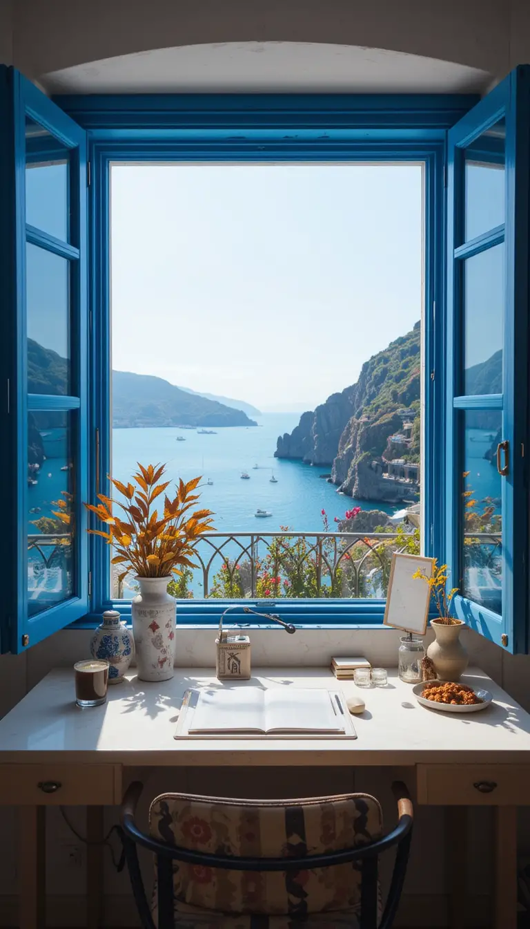 Cozy boho home office with sea view window in Capri