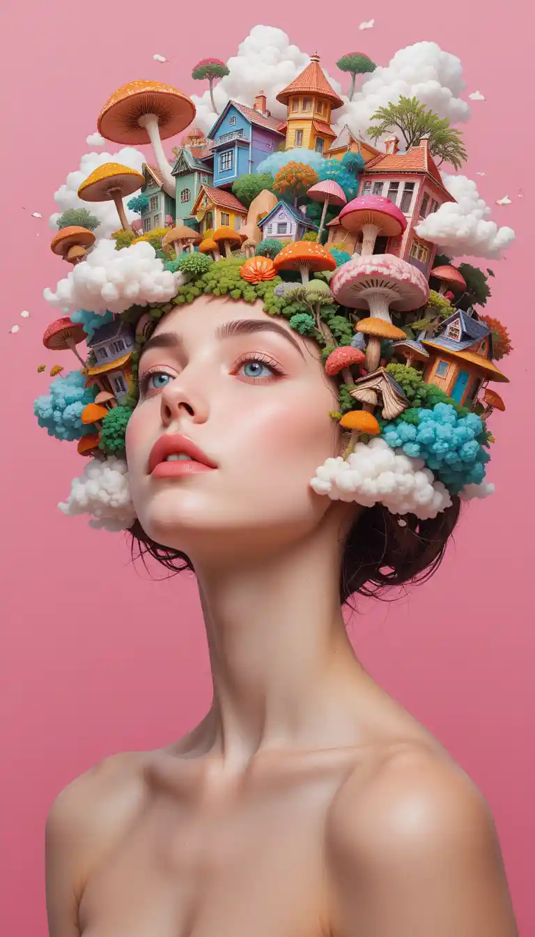 Surreal woman portrait with mushrooms and tiny houses