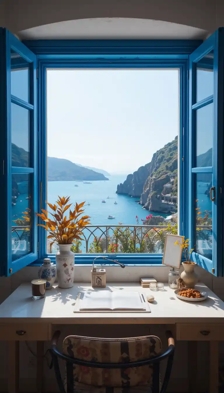 Cozy boho home office with sea view window in Capri