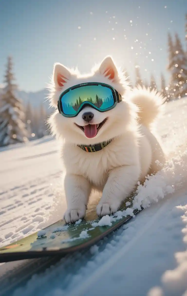 Playful spitz puppy snowboarding in golden winter sunlight