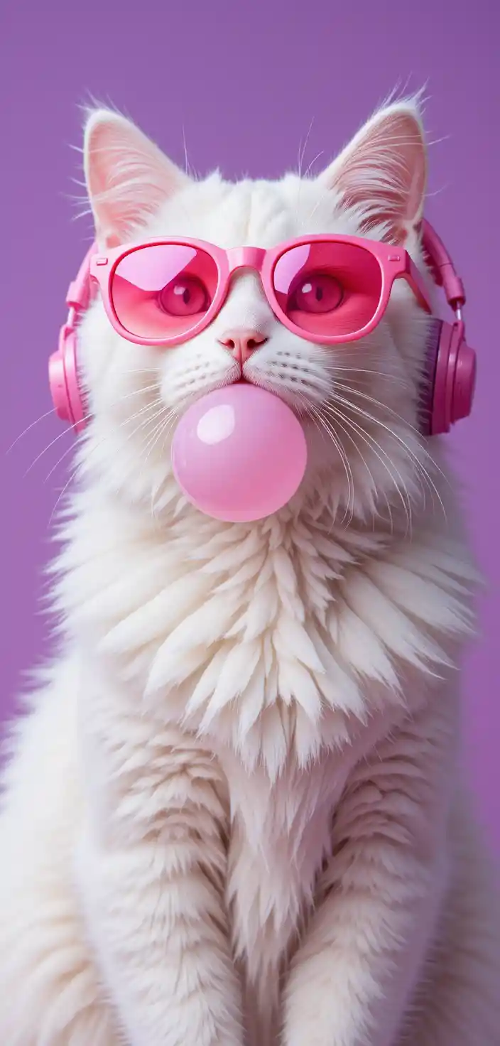White cat in pink sunglasses with bubble gum portrait