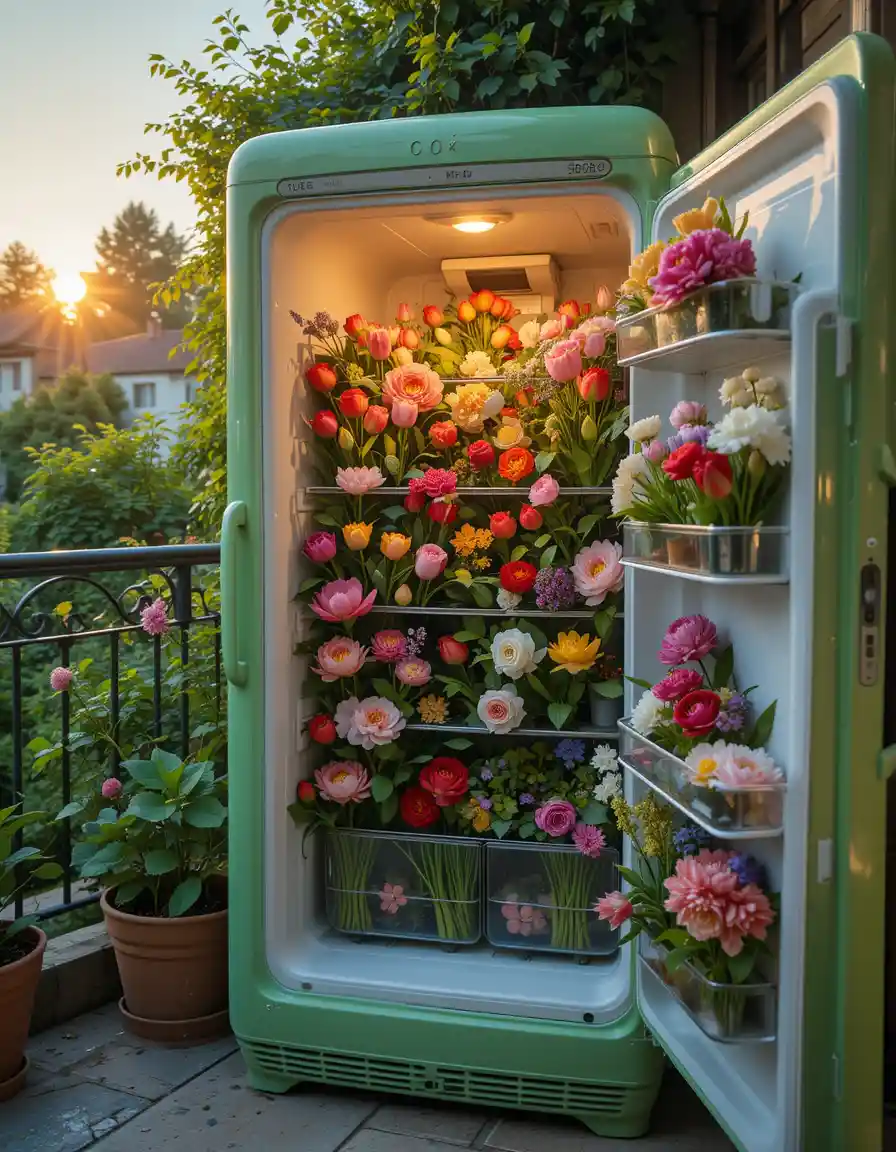 Green fridge overflowing with colorful flowers at sunset