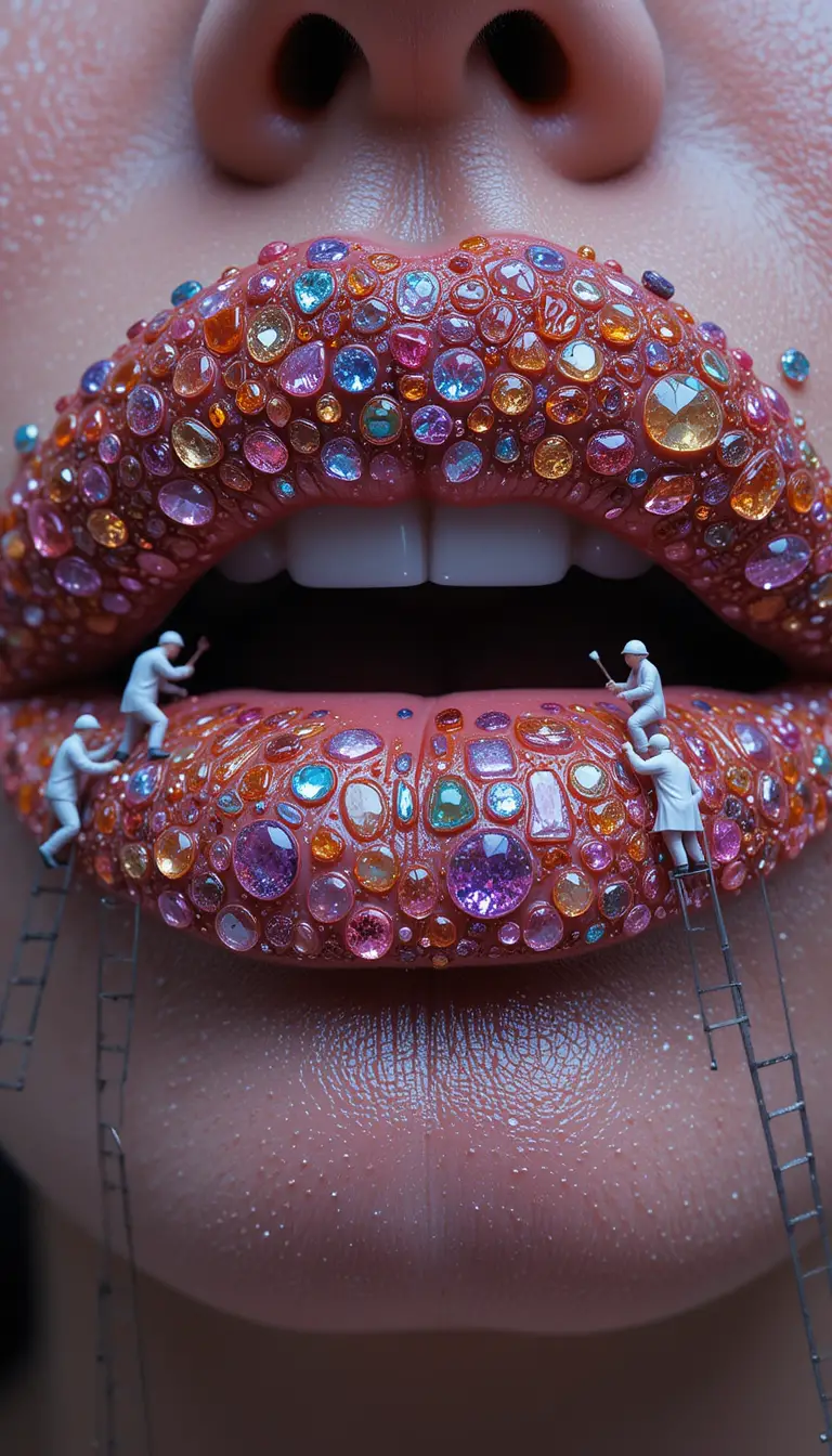 Close up jeweled lips with tiny workers in corduroy