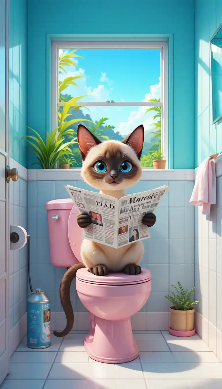 Cute siamese cat reading on a pink toilet