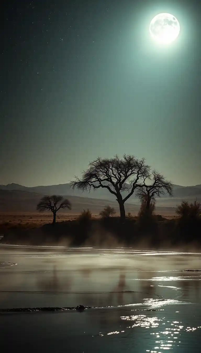Moonlit desert river under a vast starry night sky