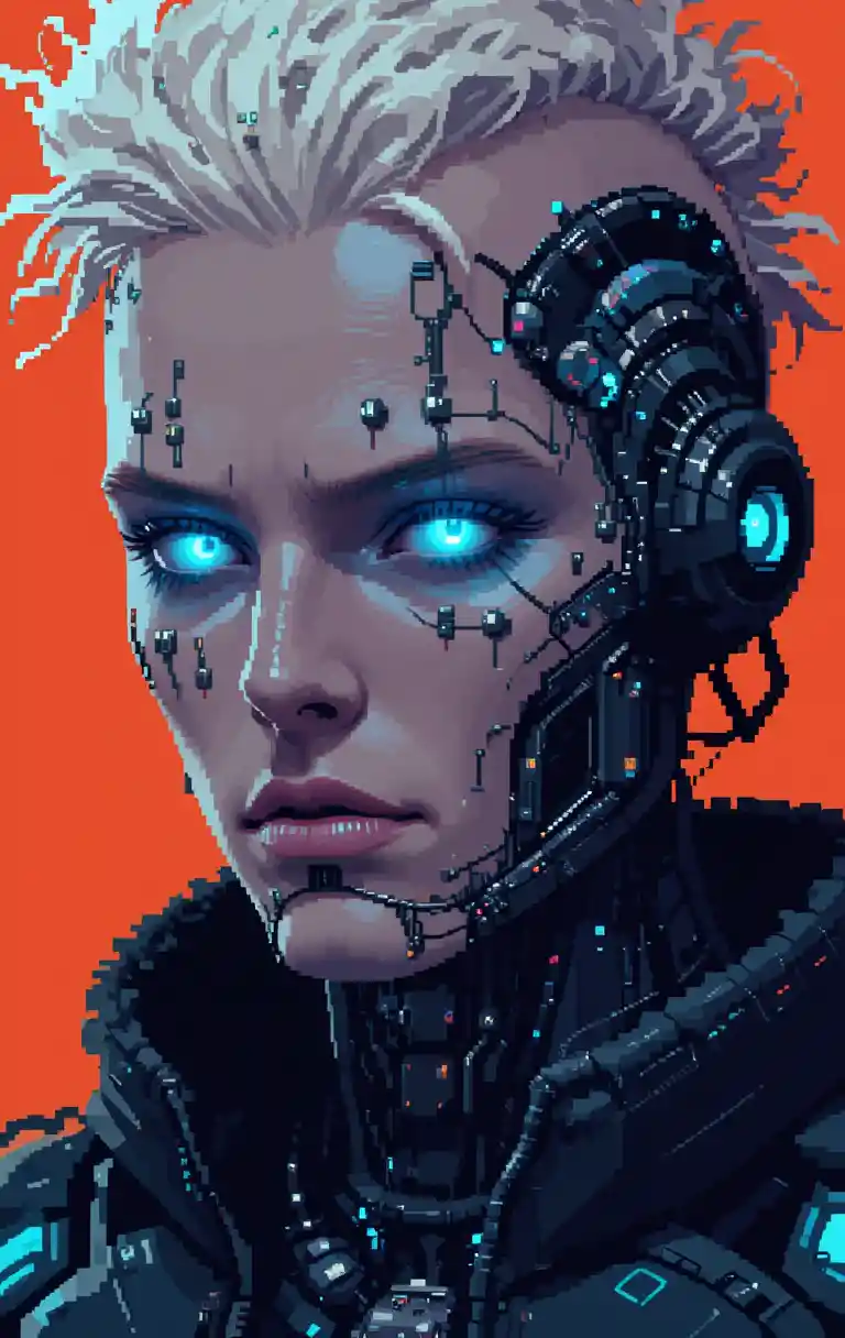 青く光る目を持つサイボーグのドット絵ポートレート