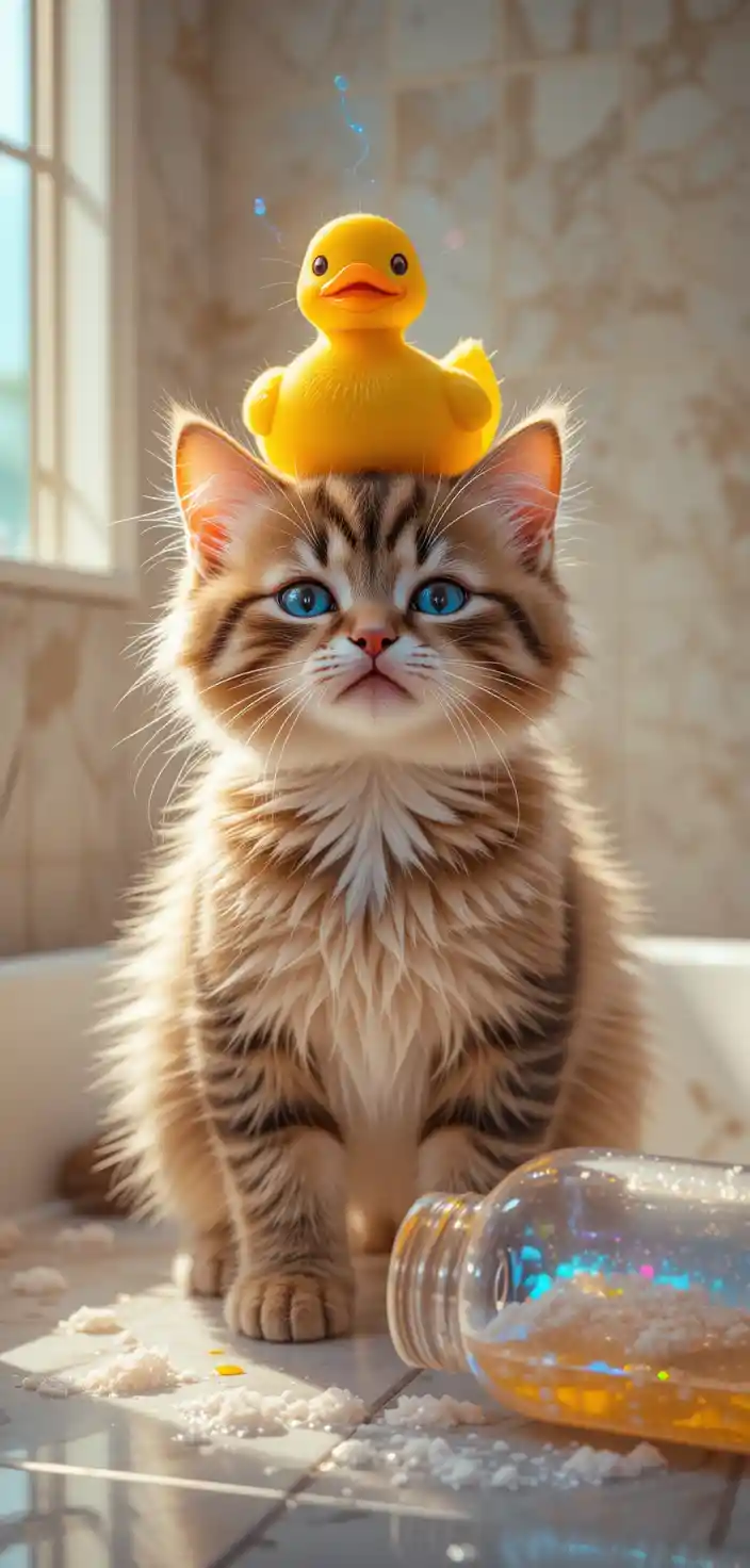 Sneezing kitten balancing rubber duck in sunny bathroom