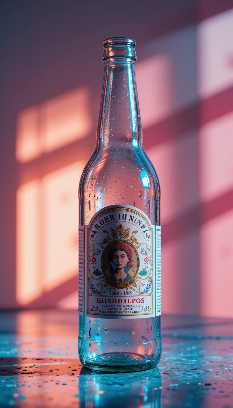 Empty glass bottle close up with reflections and negative space