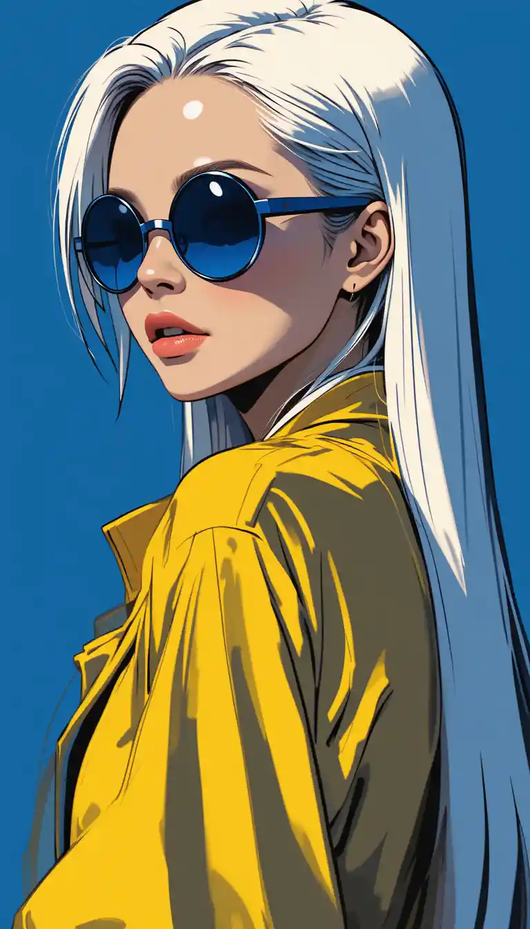 Anime woman in yellow jacket with blue sunglasses