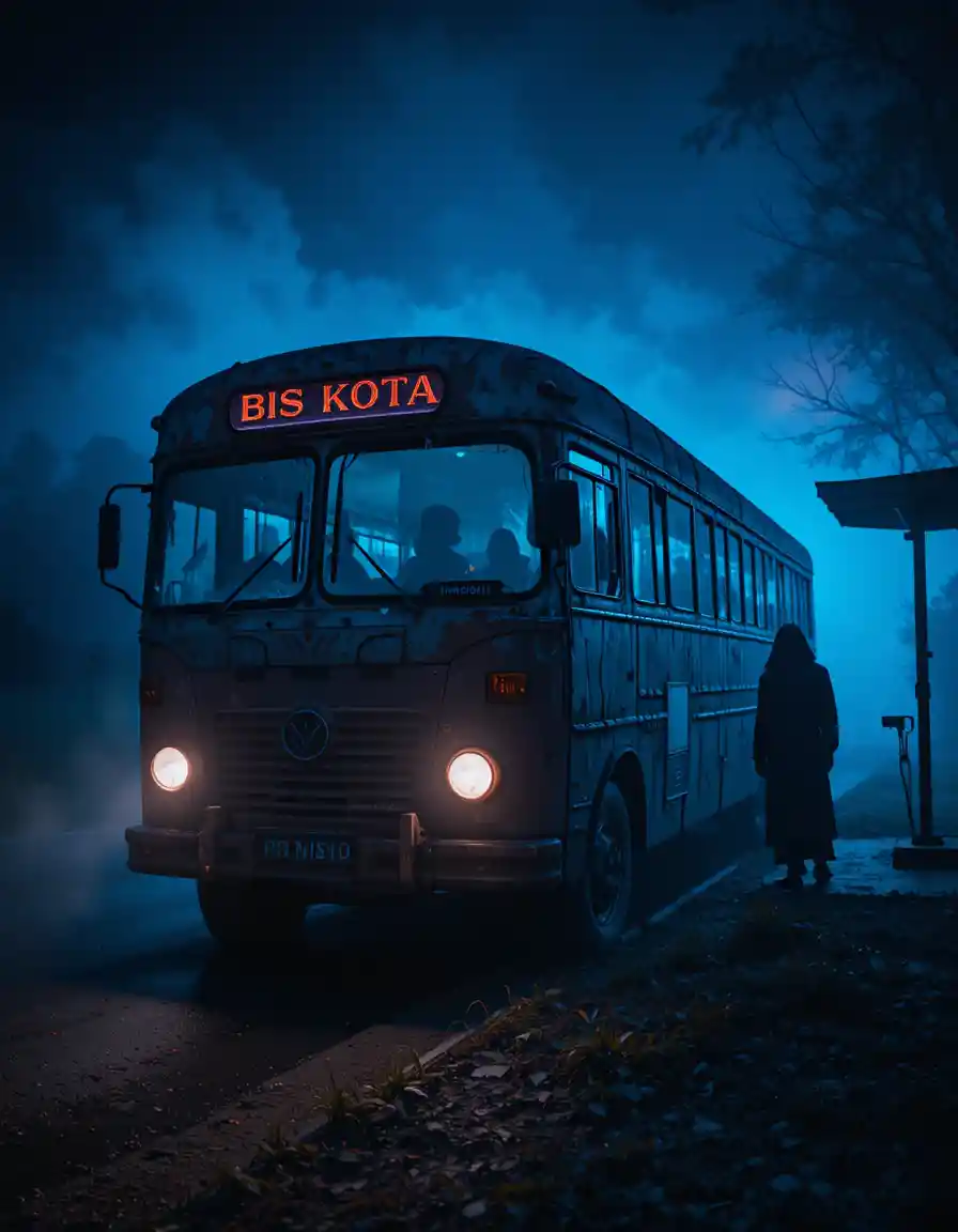 Haunted Indonesian Bus On Misty Midnight Street Scene