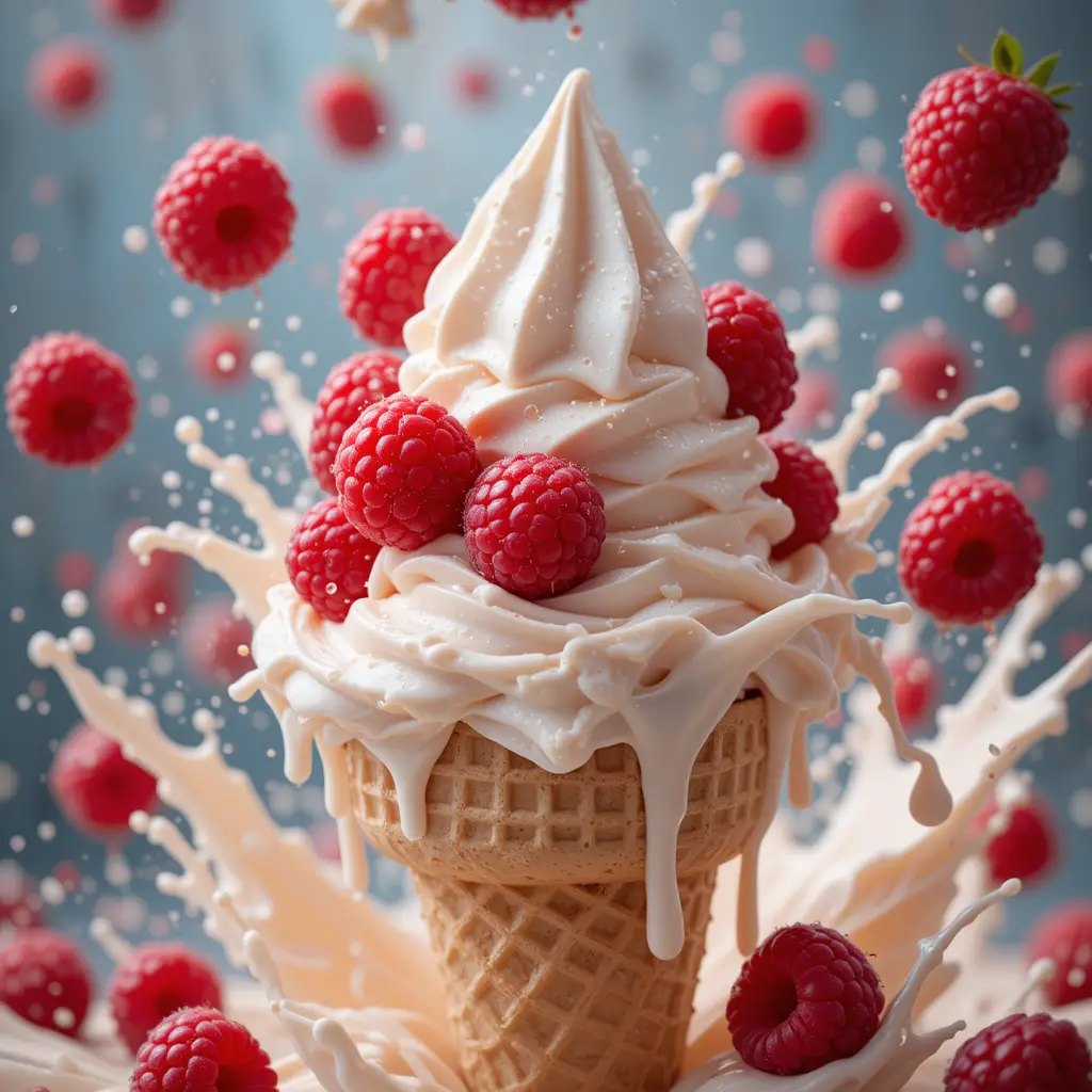 Close up vanilla ice cream cone with fresh raspberries