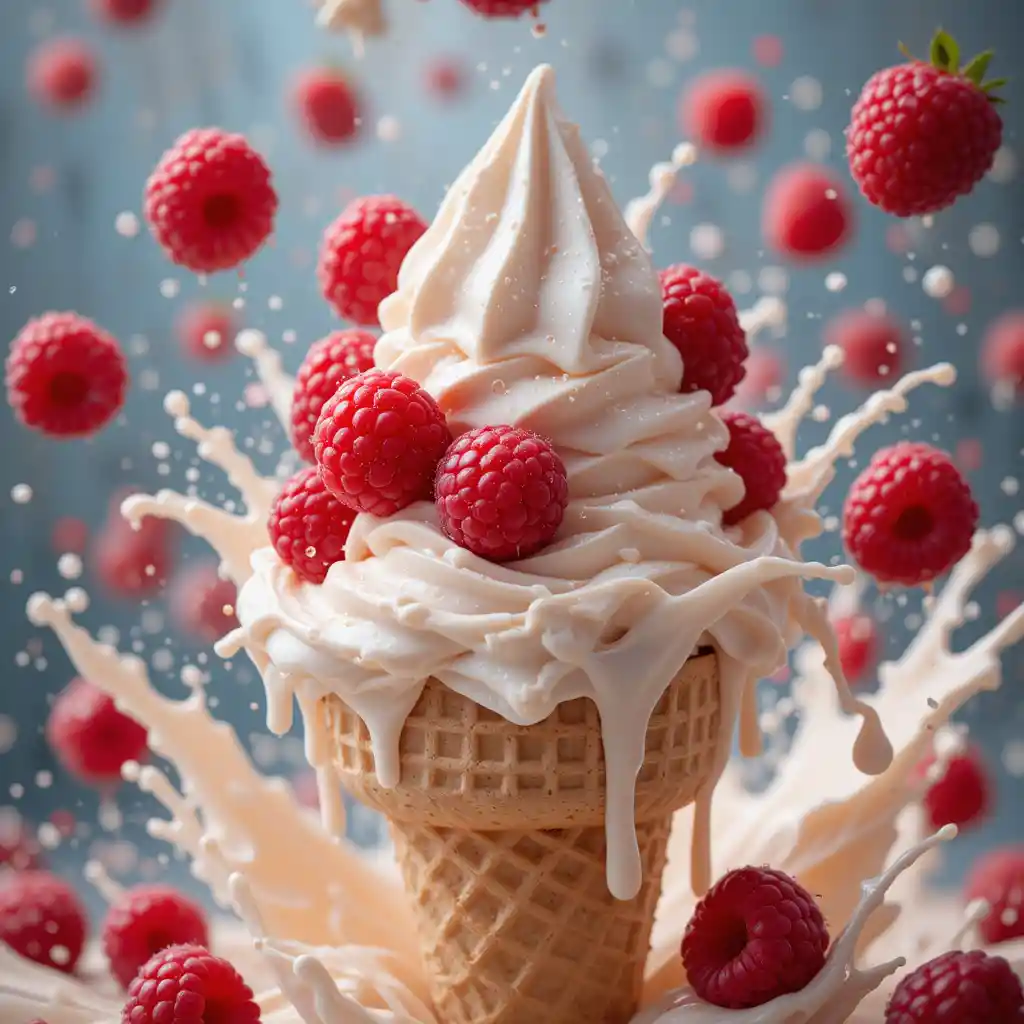 Close up vanilla ice cream cone with fresh raspberries