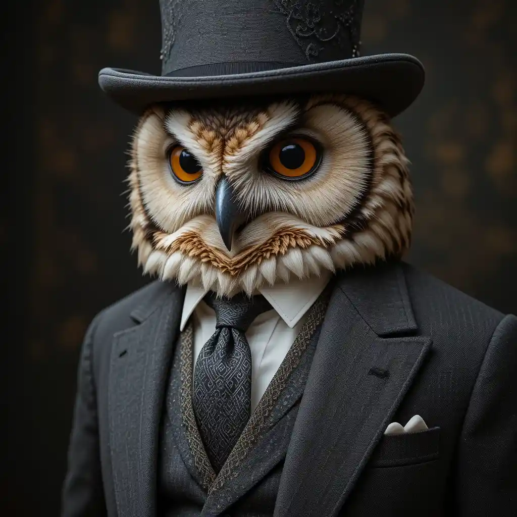 Elegant owl in a tailored suit with top hat