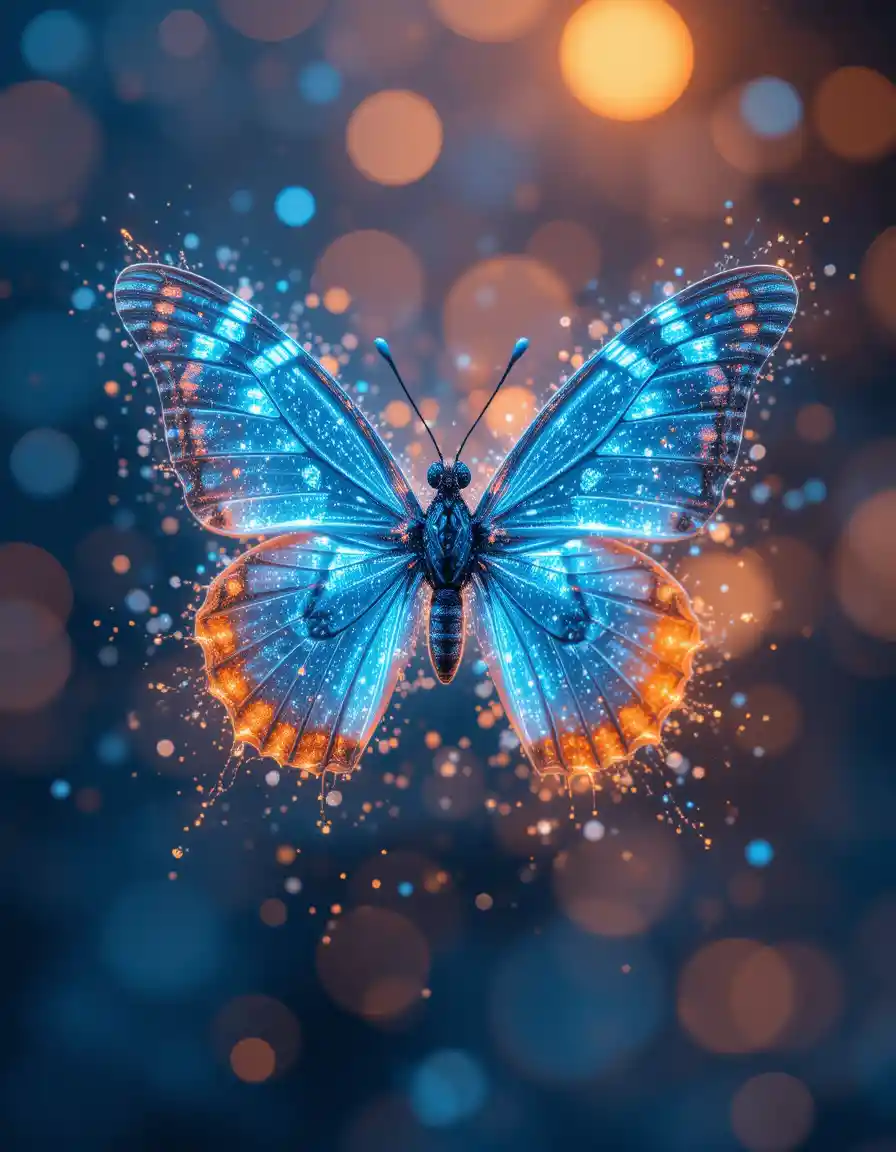 Glowing particle butterfly dissolving in abstract blue light