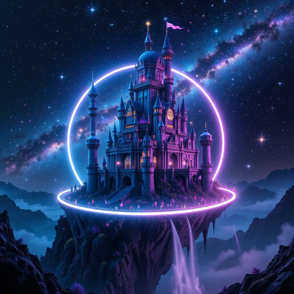 Floating cyberpunk anime castle under a starry milky way sky