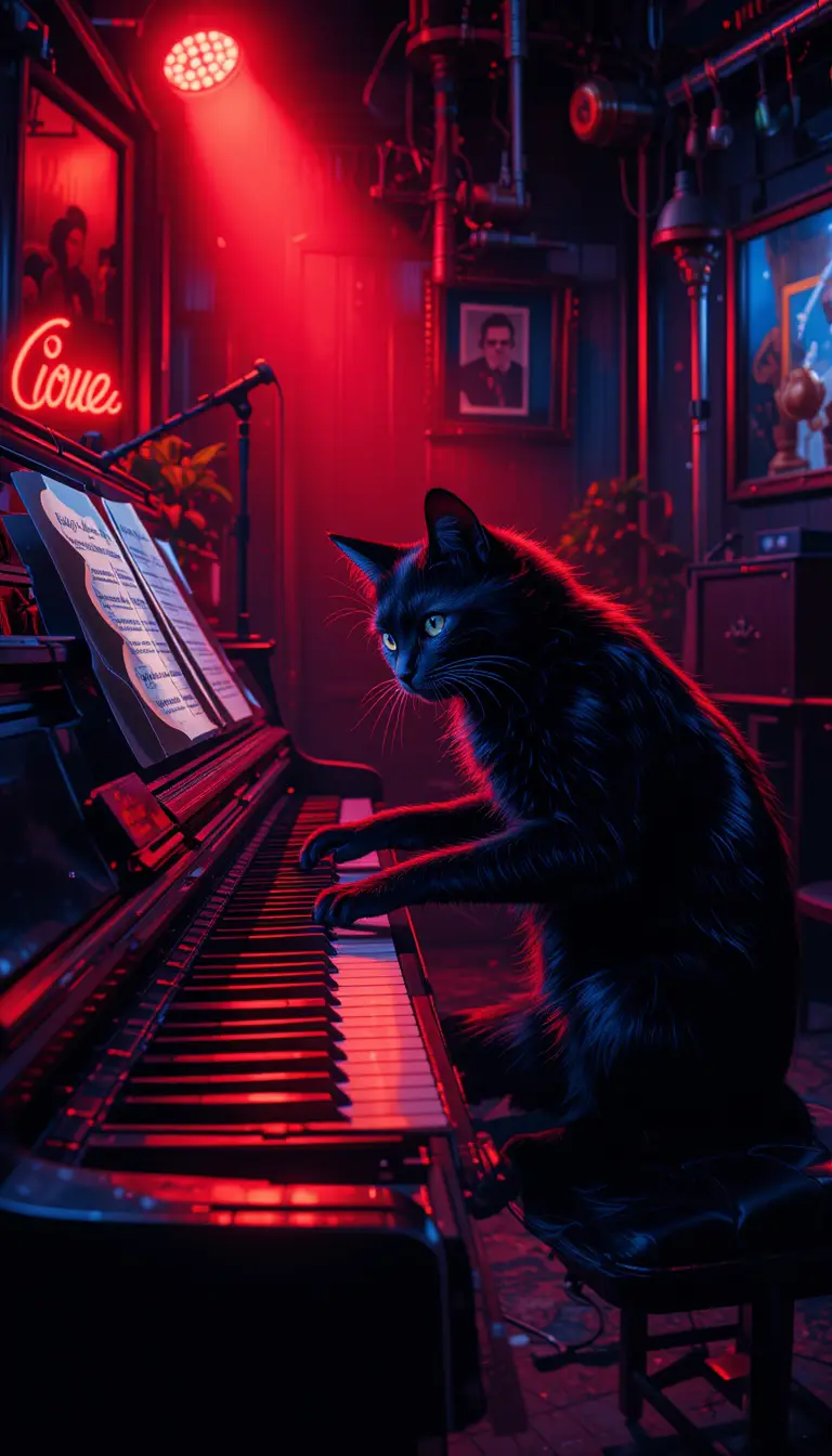 Black cat playing piano on stage in neon jazz club