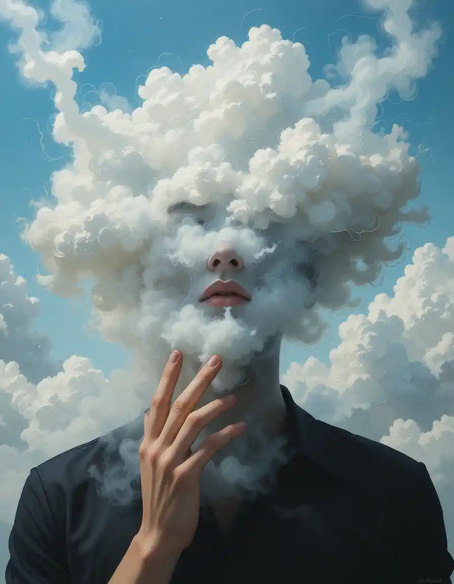 Surreal man portrait with face hidden by white clouds