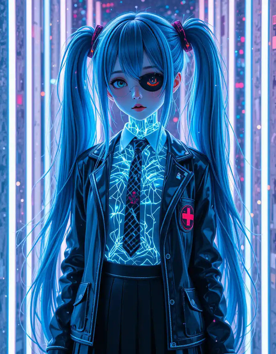 Anime schoolgirl with neon glass body and eyepatch