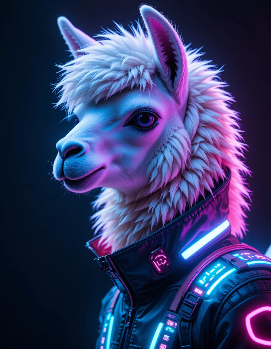 Futuristic neon llama in a cyberpunk high tech jacket