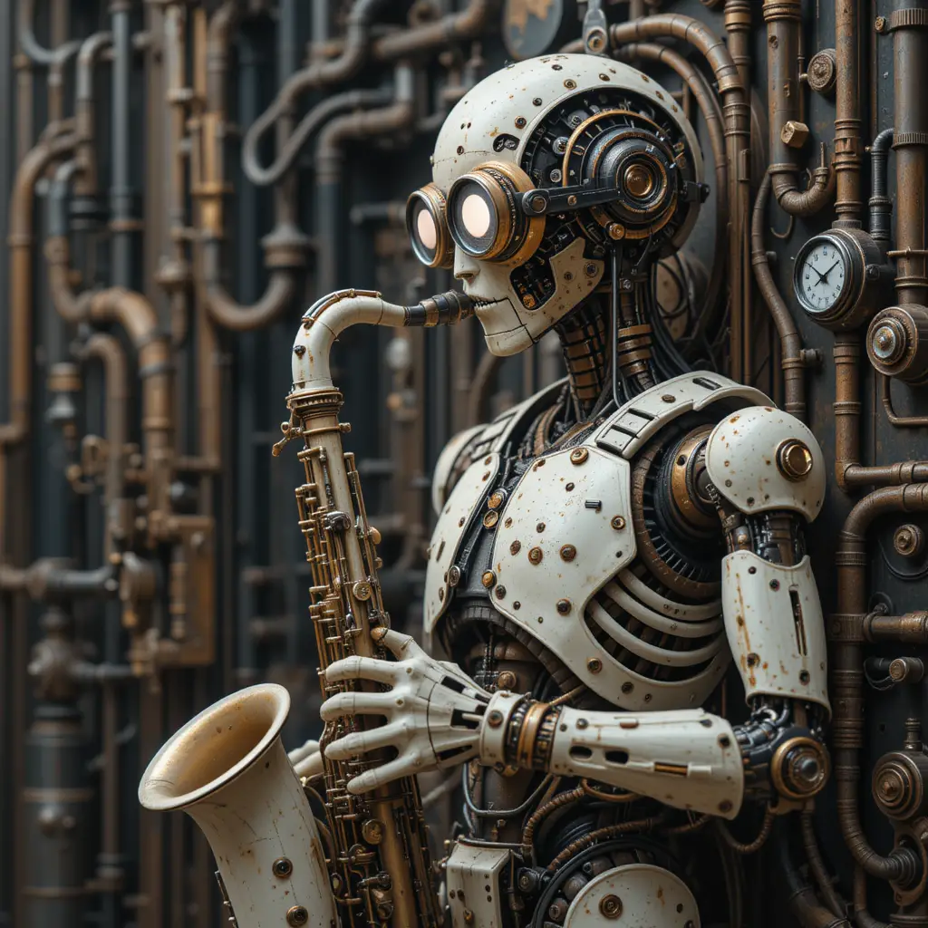 Steampunk Saxophone Robot Leaning On Complex Machine