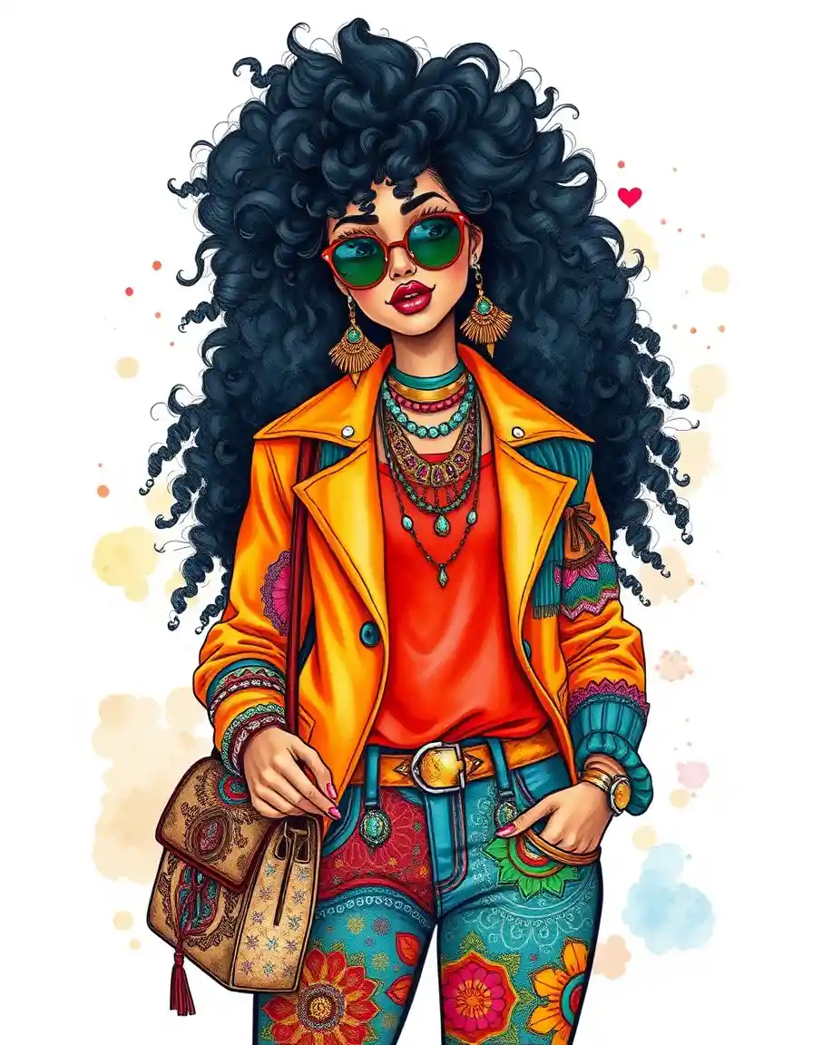 Watercolor fashion woman in colorful patchwork outfit