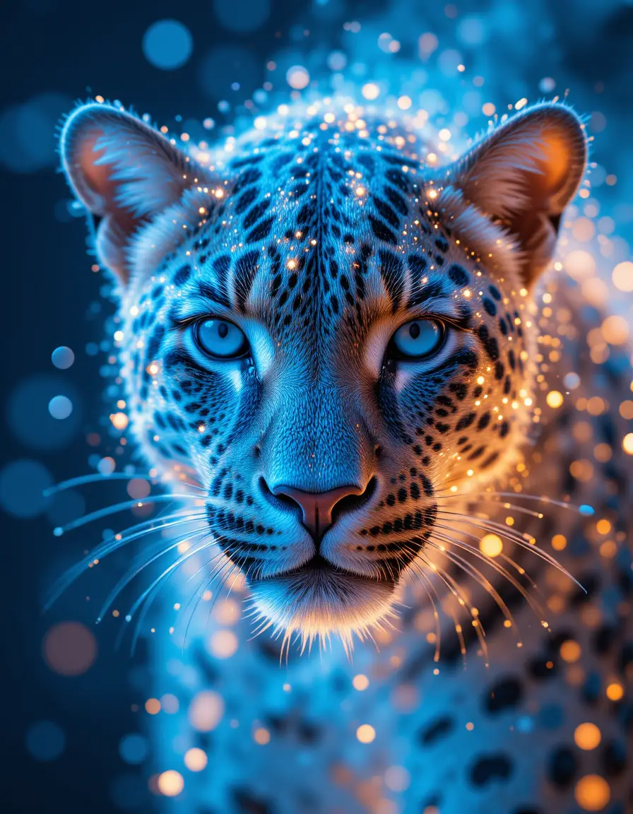 Leopard Dissolving Into Glowing Cyan Particle Clouds