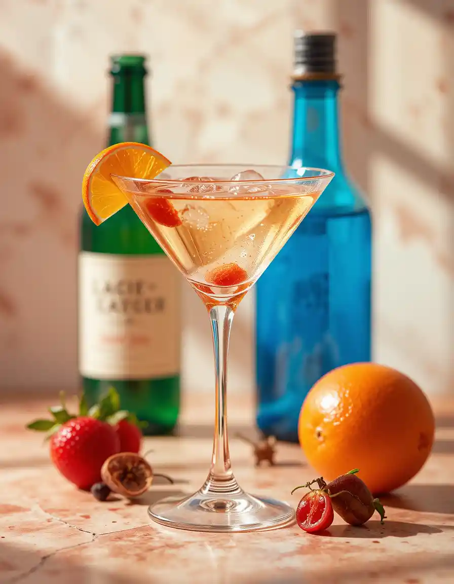 Editorial close up of a cosmopolitan cocktail in a kitchen