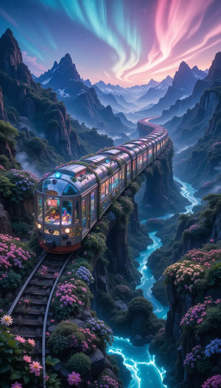 Surreal floral train weaving through glowing fantasy landscape
