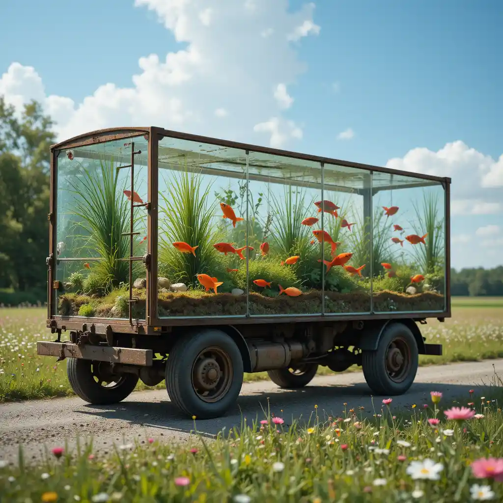 Surreal glass truck aquarium on a blooming country road