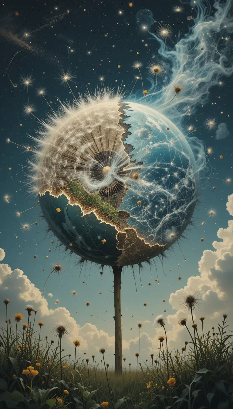 Cosmic earth goddess merging with a giant dandelion
