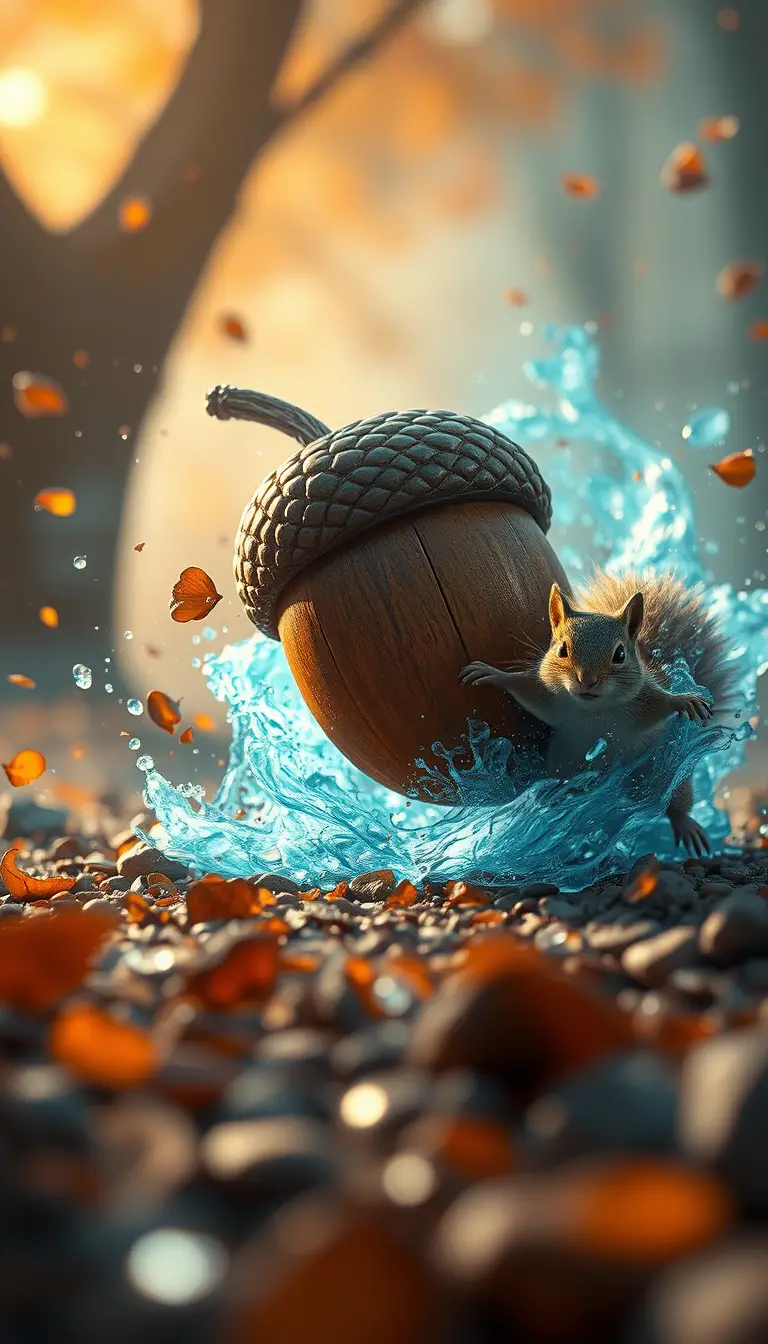 Chipmunk Chasing Rolling Acorn Through Fantasy Elements