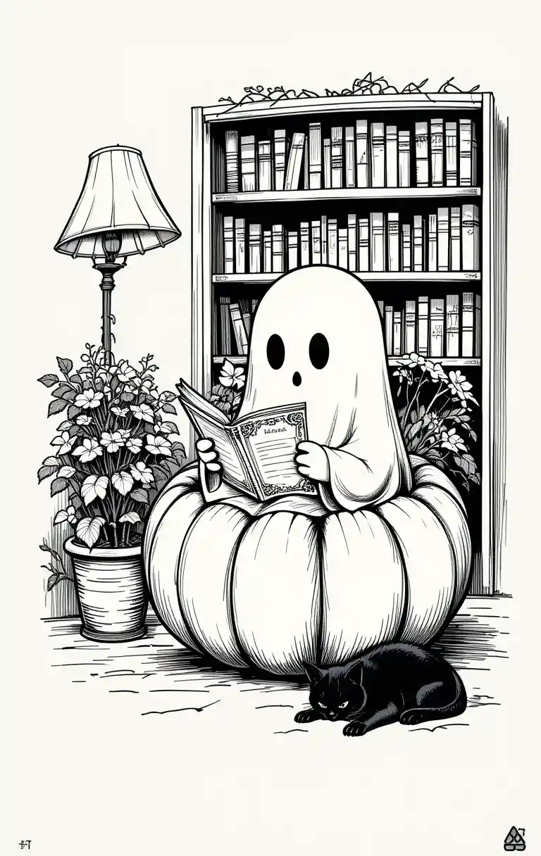 Cute ghost reading in pumpkin with cat and books