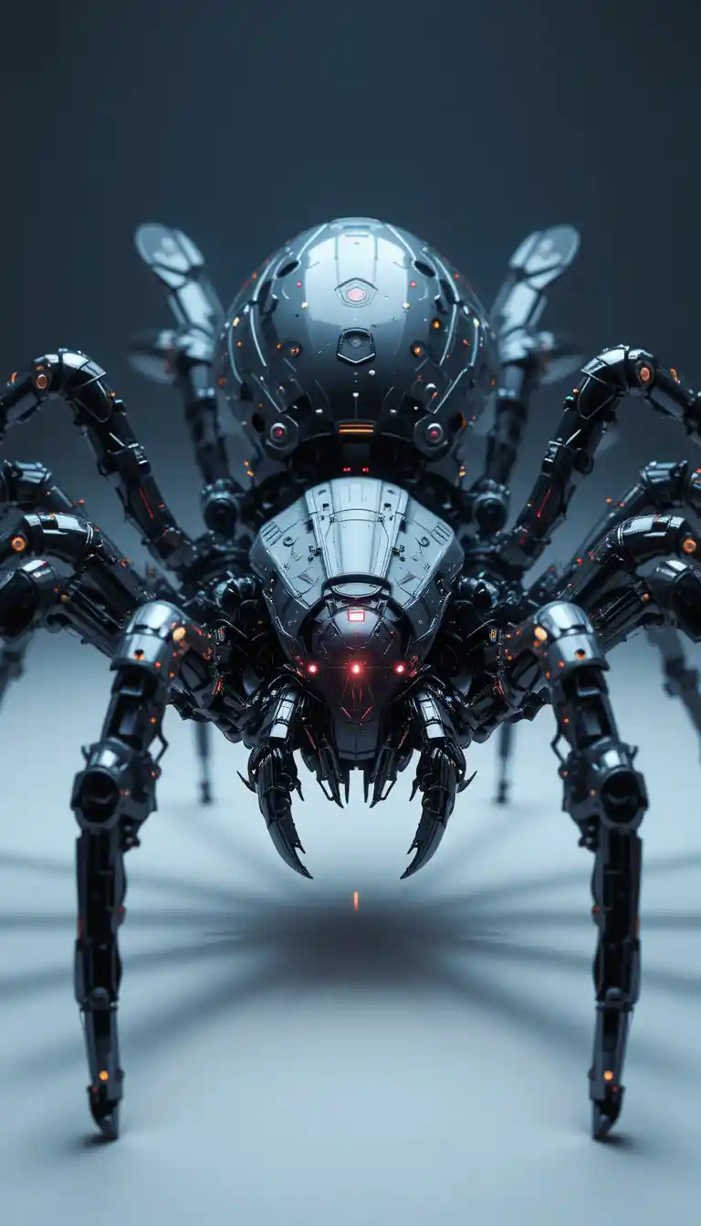 Hyper intelligent robotic spider with glowing energy core