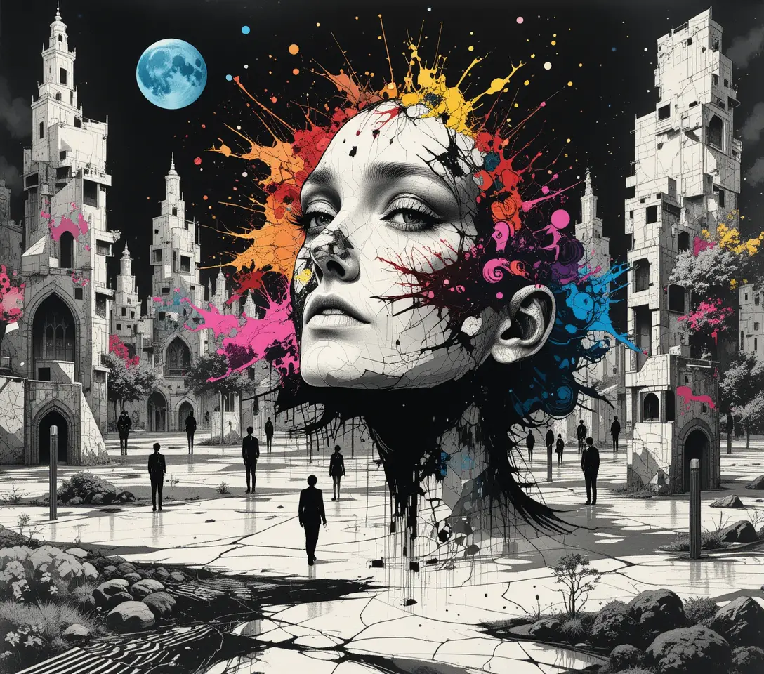 Surreal dreamlike optical illusion with fragmented ink imagery