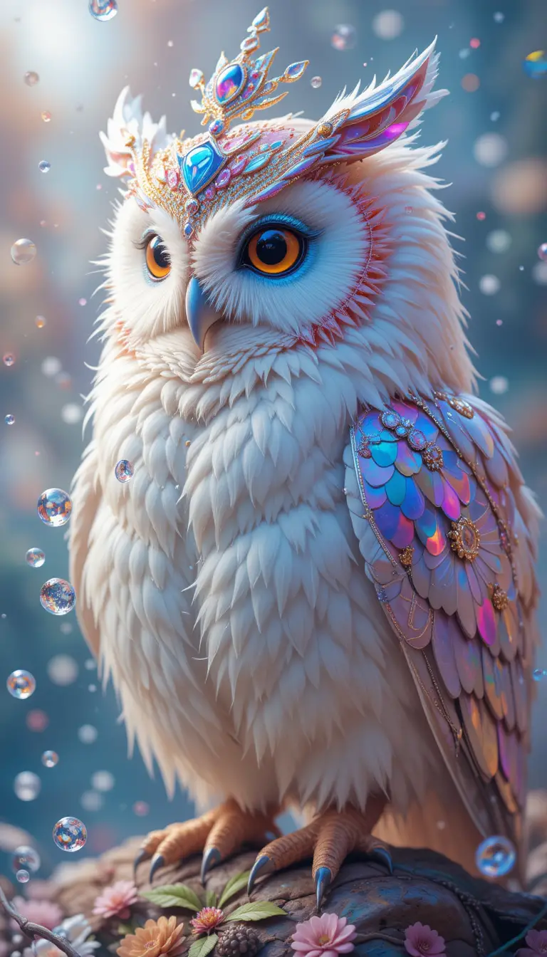 Colorful owl wearing a mask with floating water droplets