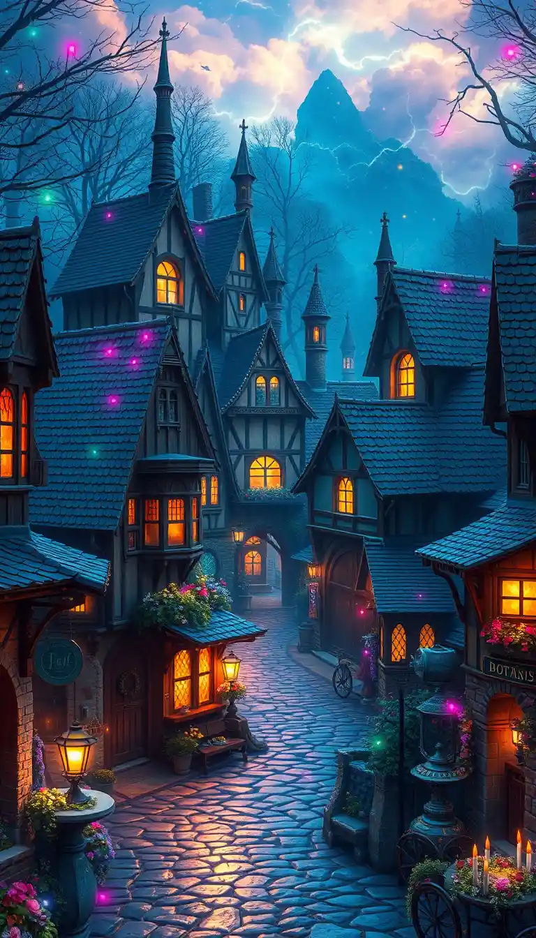 Magical medieval village glowing with colorful enchanted lights