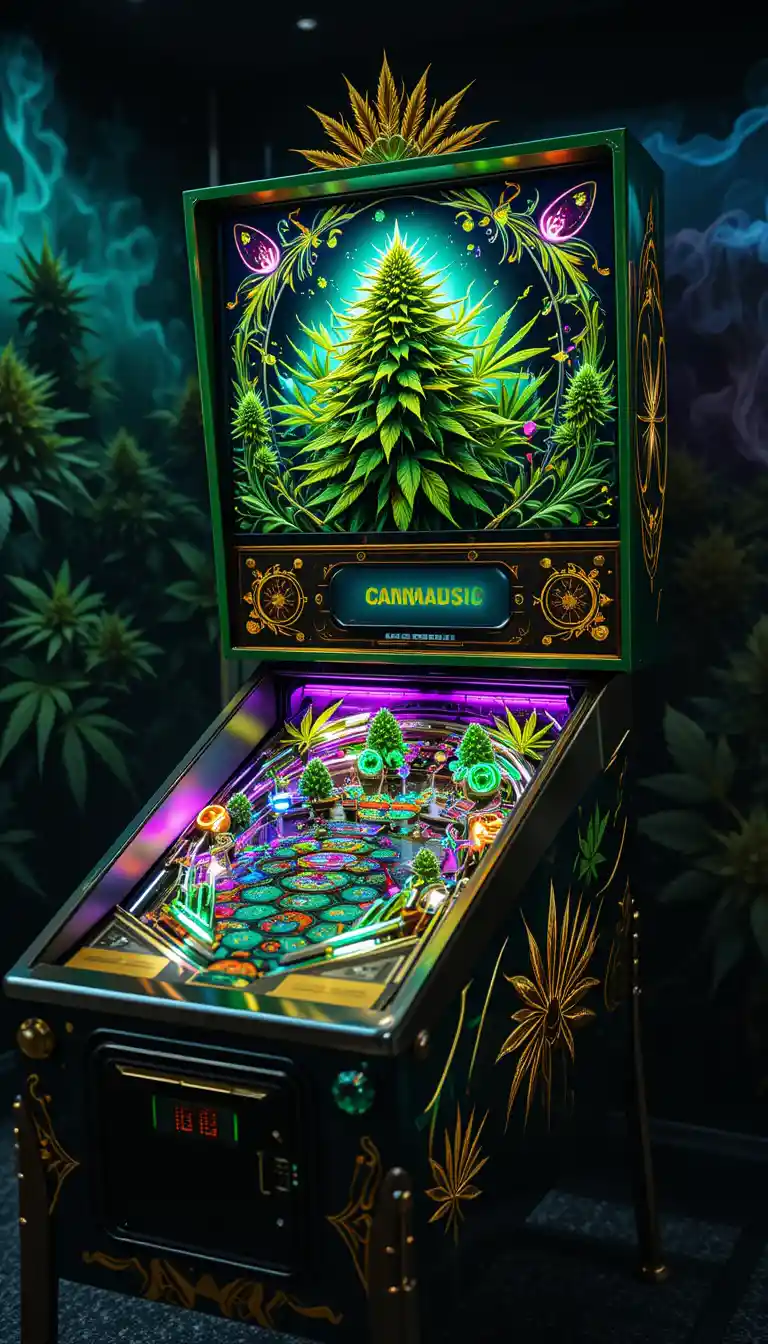 Cannabis themed pinball machine in a neon lit arcade
