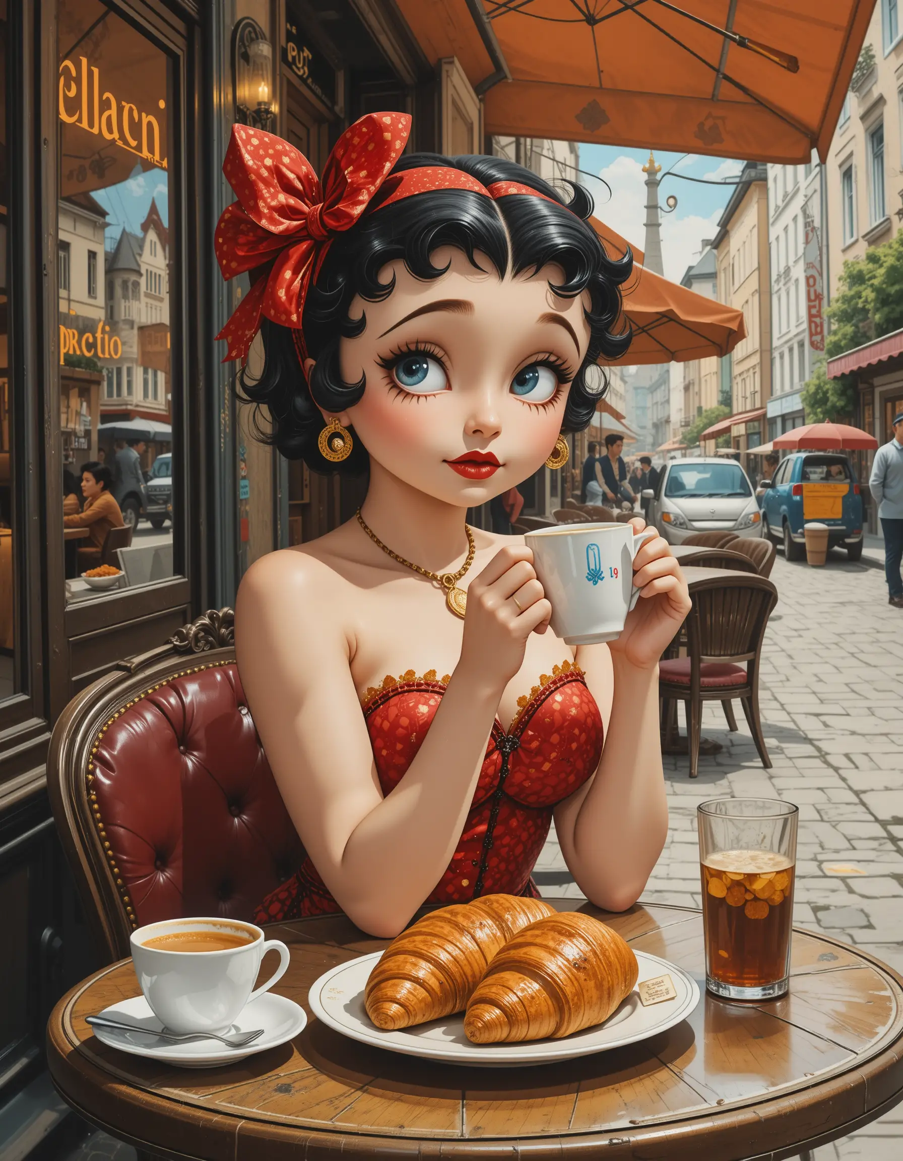Vintage woman enjoying croissants at a cozy street cafe