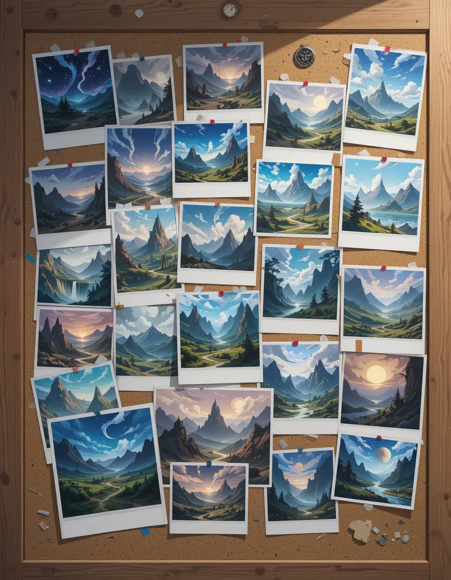 Anime corkboard collage of mysterious fantasy landscapes