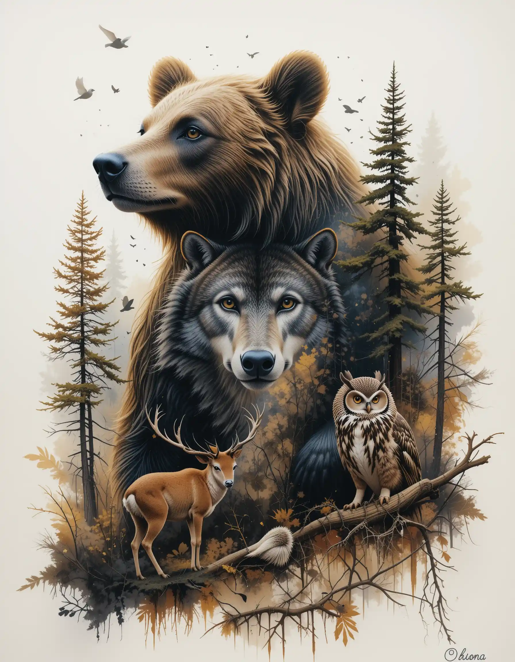Dipinto di fauna selvatica in doppia esposizione con orso, lupo, gufo e cervo