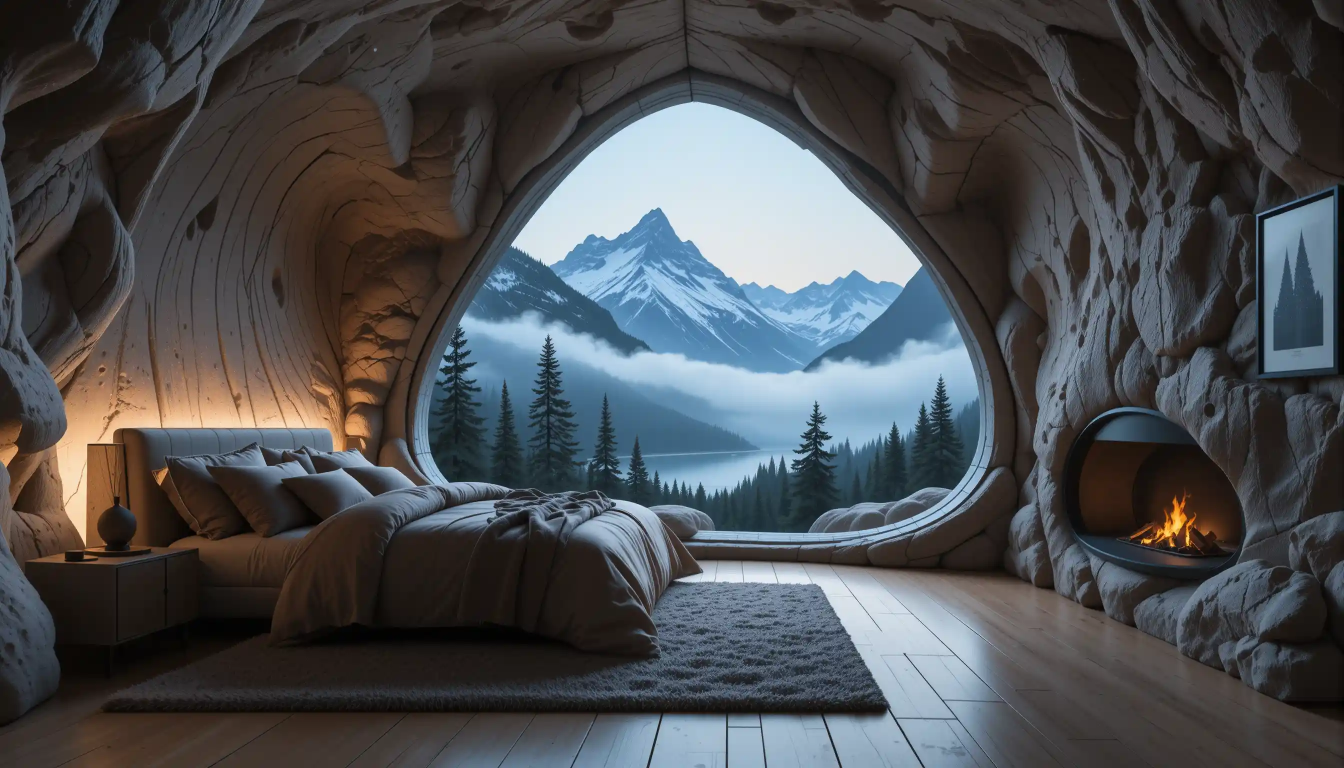Cozy Cave Bedroom Overlooking Snowy Mountains And Valley