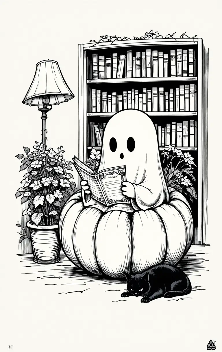 Cute ghost reading in pumpkin with cat and books