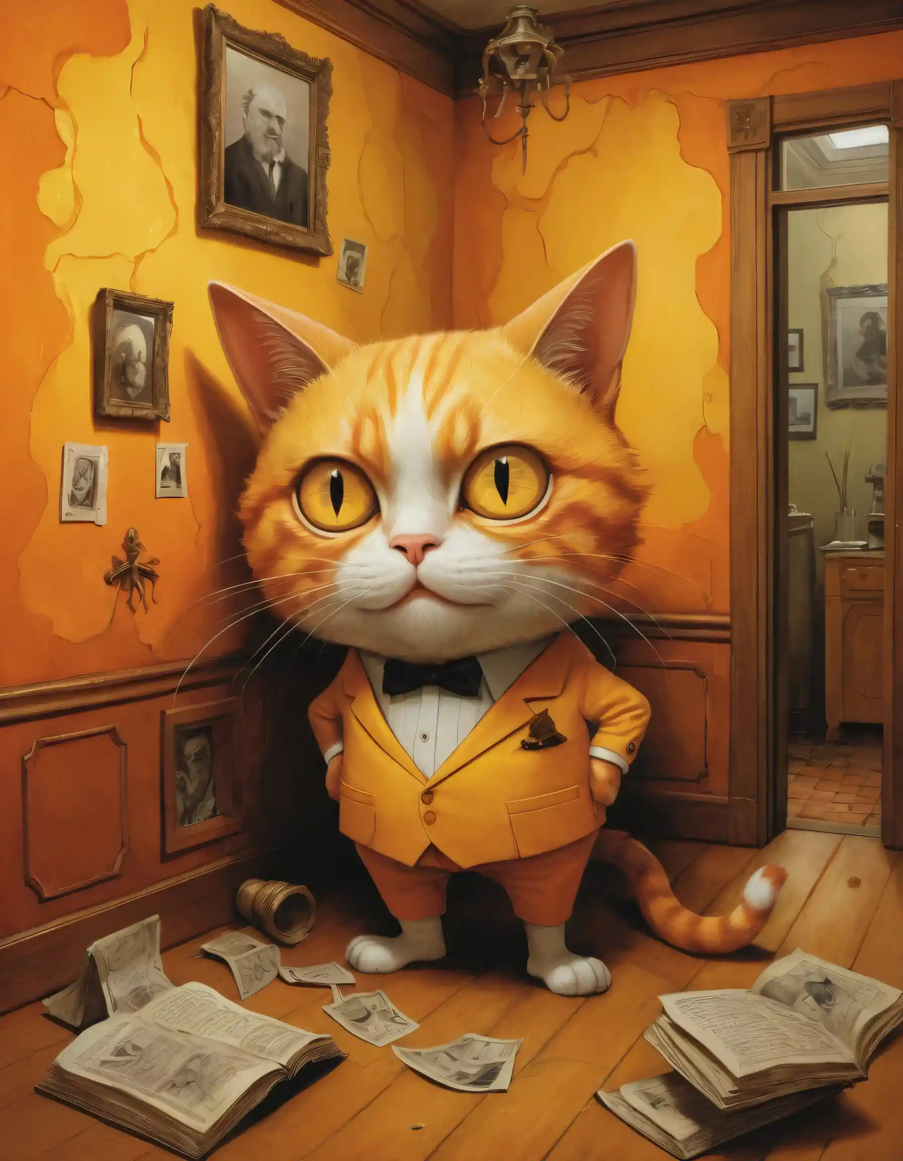 Surreal anthropomorphic cat in bold orange and yellow tones