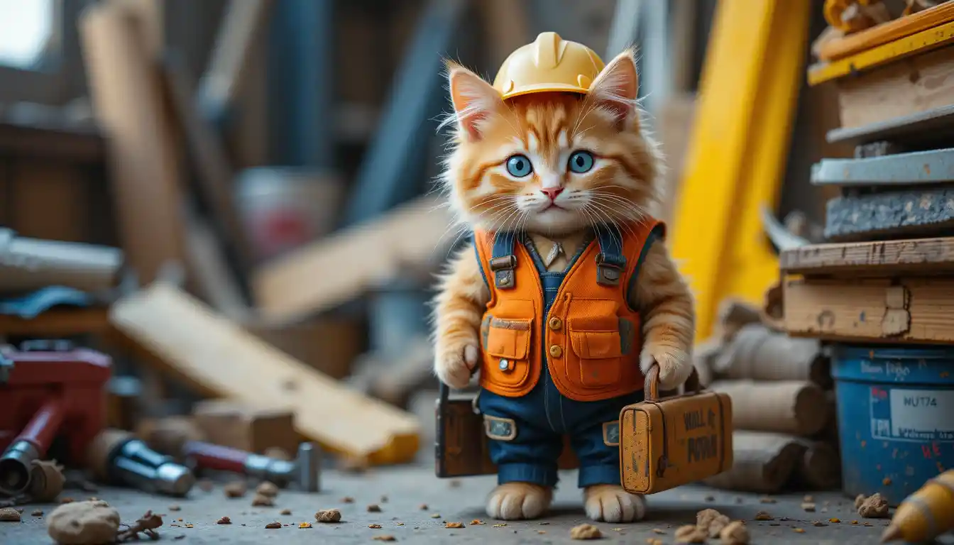 Cute orange kitten in construction gear with toolbox