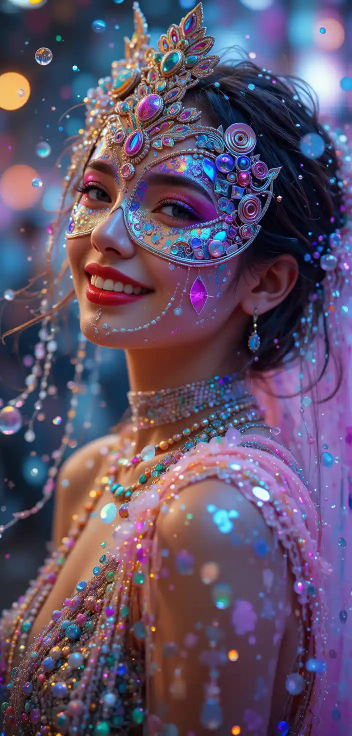 Ragazza gioiosa con vivace maschera da festival e gocce fluttuanti
